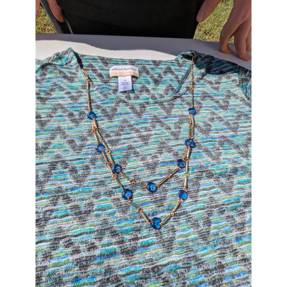Alfred Dunner Blouse Womens 1X Blue Green Good Chevron Sharkbite Necklace Top